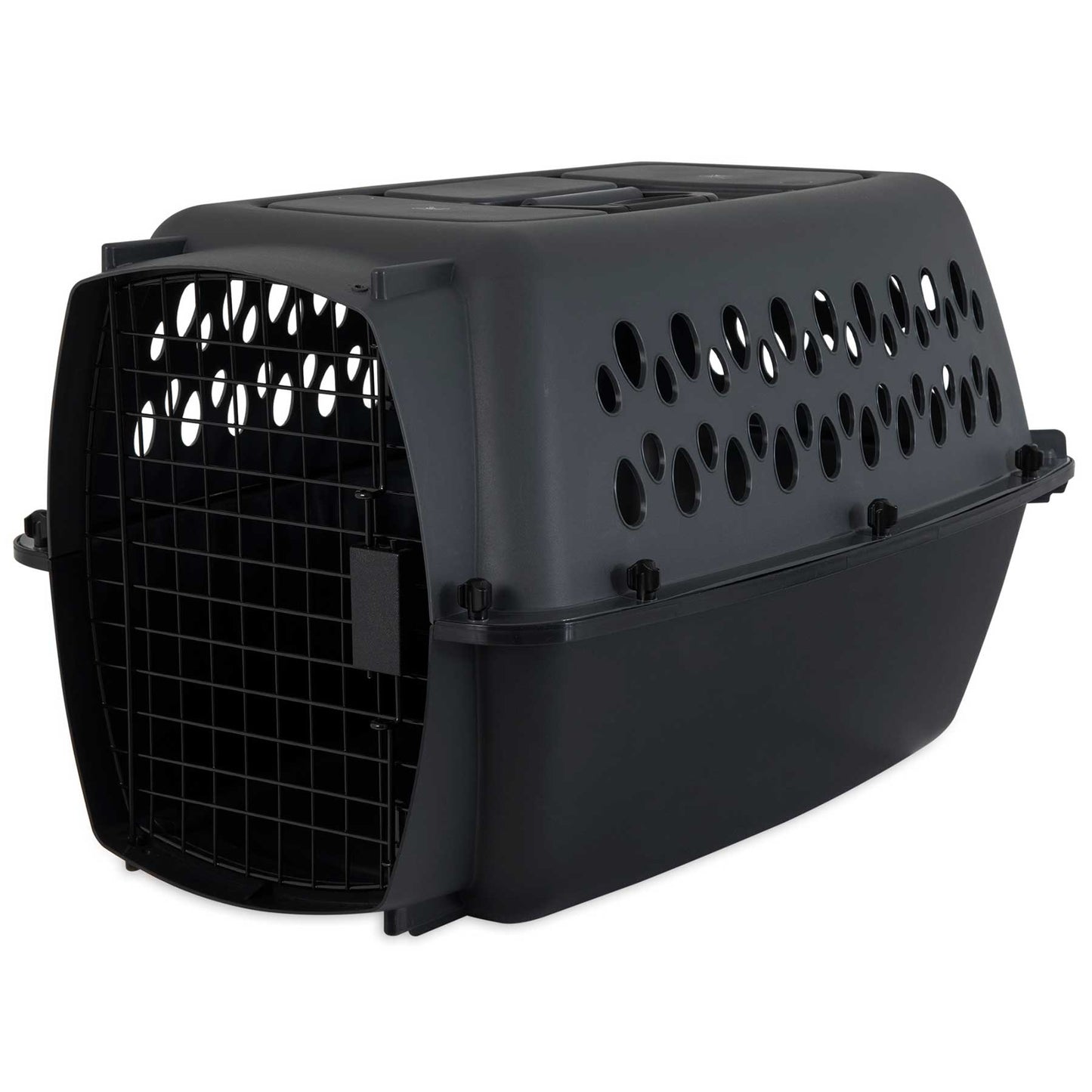 The Aspen Petmate Pet Porter is a dark green carrier with a black metal front door, circular ventilation holes on the sides and top, and a quick-latch system. It meets airline standards for safe and comfortable transport of small animals.