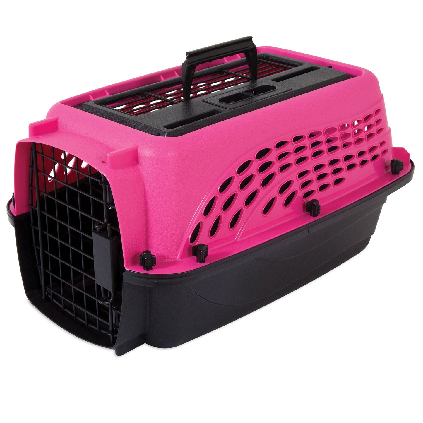 The Petmate 2 Door Dog & Cat Kennel features EcoTEC Plastic in a pink and black design. With a mesh door, ventilation holes, and a top handle, its ideal for conveniently carrying small pets like cats or small dogs.
