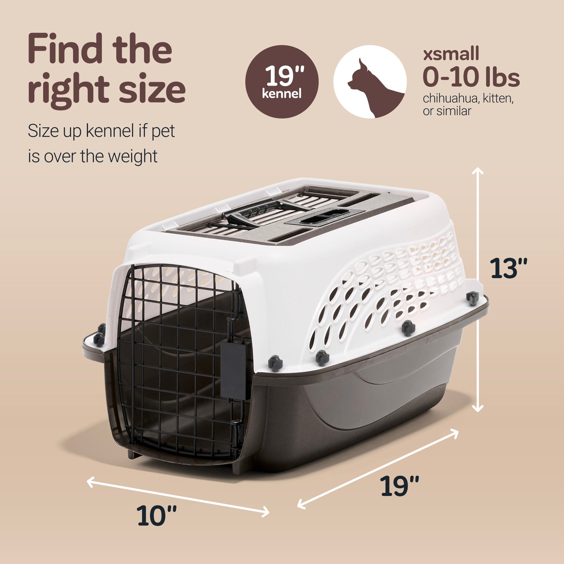 The Petmate 2 Door Dog & Cat Kennel has a black wire door and white EcoTEC Plastic top, suitable for pets up to 10 lbs. It measures 19 L x 10 W x 13 H. Ideal for small pets like chihuahuas and kittens, consider a larger size if your pet exceeds the weight limit.
