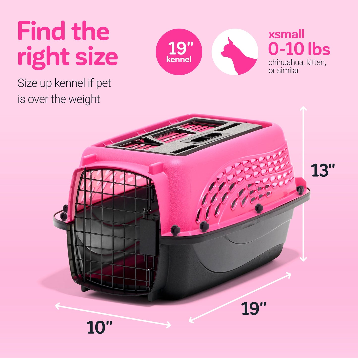 Discover the chic Petmate 2 Door Dog & Cat Kennel, a pink and black carrier made from EcoTEC Plastic. Sized at 19 x 13 x 10, its ideal for extra small pets like Chihuahuas or kittens, supporting up to 10 lbs against a charming light pink background.