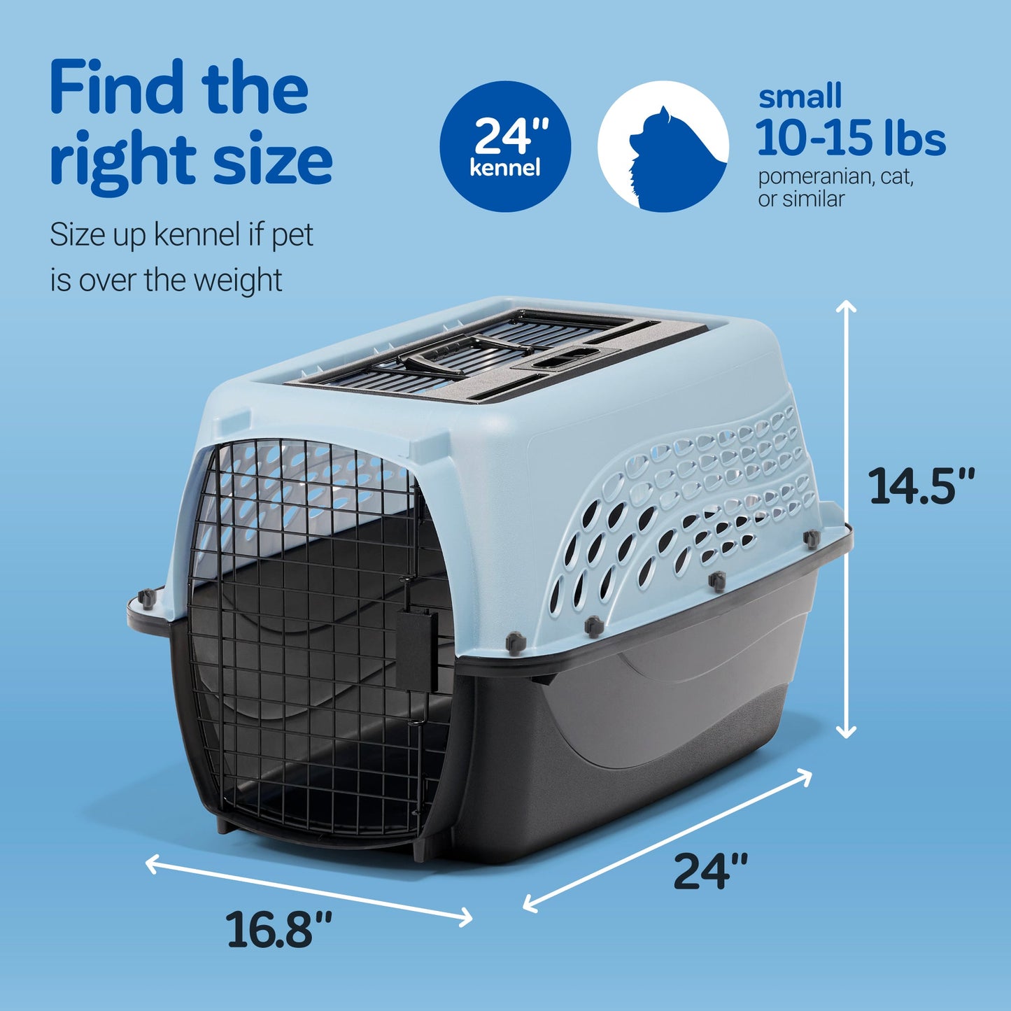 The Petmate 2 Door Dog & Cat Kennel, crafted from EcoTEC Plastic, is a blue and black carrier sized at 24 L x 14.5 H x 16.8 W. Ideal for small pets like pomeranians or cats weighing 10-15 lbs; consider a size up for heavier pets.