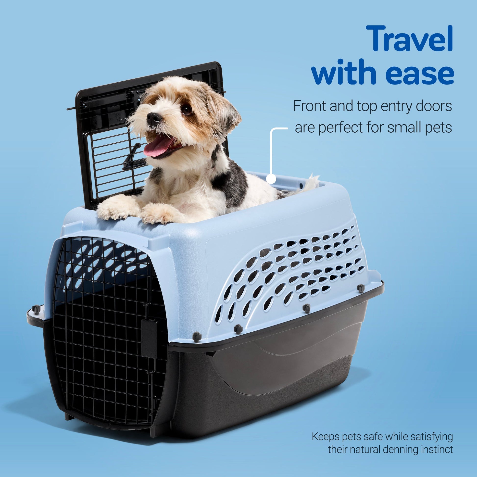 A small dog sits inside a Petmate 2 Door Dog & Cat Kennel, showcasing front and top openings, suitable for small pets. Made with eco-friendly EcoTEC Plastic, the ad reads Travel with ease against a light blue backdrop.