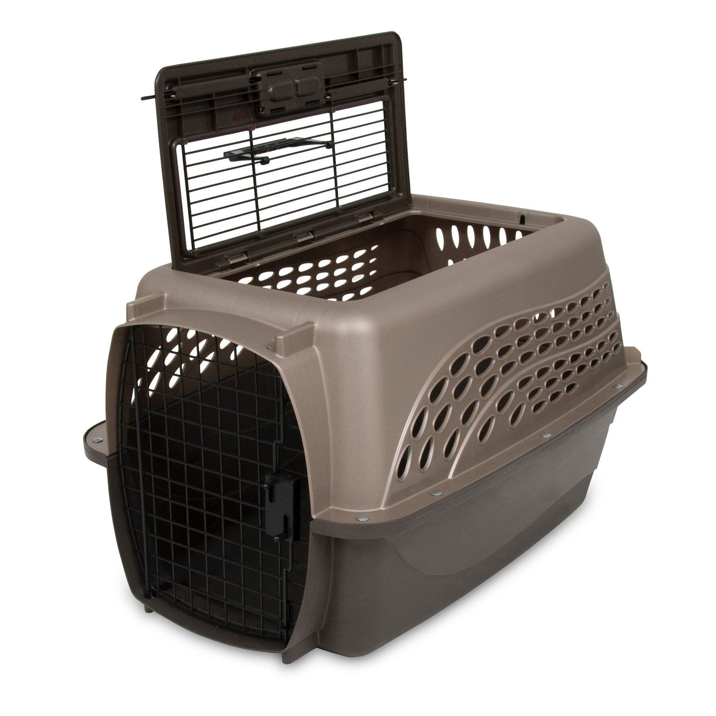 The Petmate 2 Door Dog & Cat Kennel by Petmate, in beige and brown EcoTEC Plastic, features an open top and front door with black metal grate and side ventilation holes. Its sturdy design ensures safe transport for small animals.